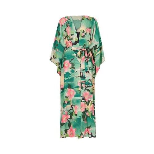 Print floral long cardigan swimwear boho flare sleeve sashes summer beach cover up swimwear holiday big size output