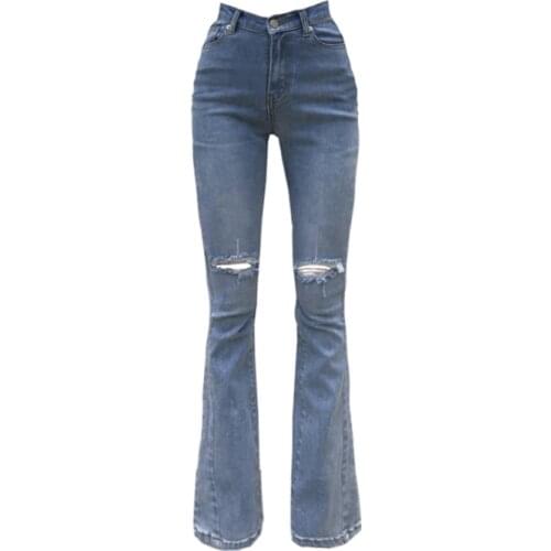 Ruibbit Blue Long Jeans Women Basic Classic High Waist Hot Girls Flared Jeans Hole Denim Pants Elastic Stretch Jeans