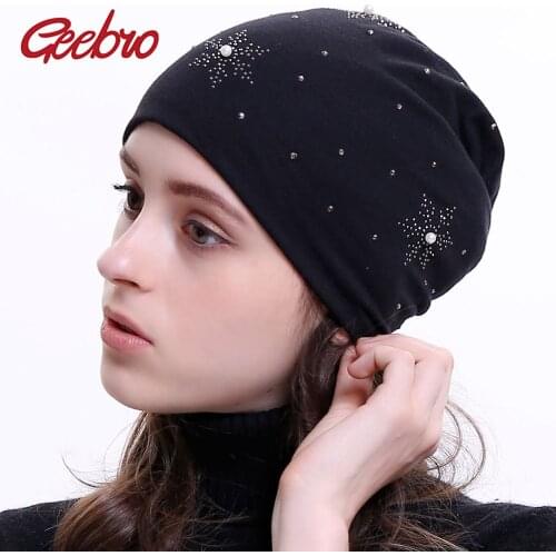 Geebro Womens Beanie Hat 2020 New Autumn Pearl Slouchy Beanie for Women Female Snowflake Rhinestone Skullies Beanies Bonnet