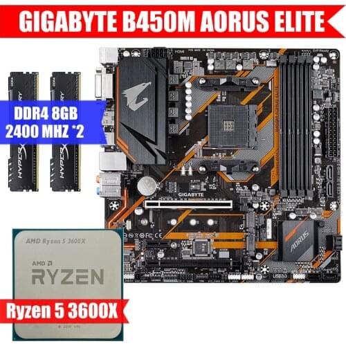 GIGABYTE B450M AORUS ELITE & CPU Ryzen 5 3600x & DDR4 8GB 2400MHZ*2 Combination Kit Dual channel 64G M.2 USB3.0 Socket AM4 M-ATX