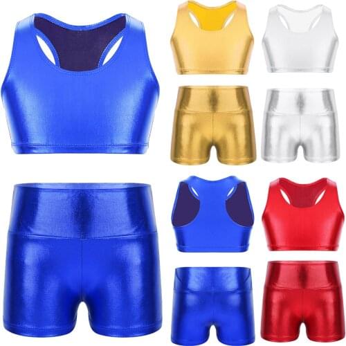 Shiny Metallic Childrens Girls Sets Racer Back Tanks Crop Top + High Waist Shorts 2pcs Kids Suits for Stage Performance Costume