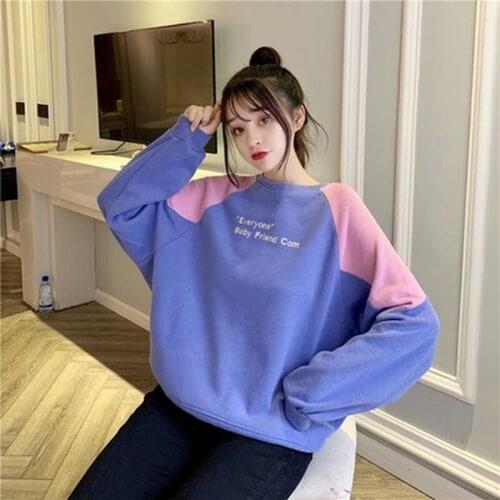 M-xl 3 Sizes Letter Embroidered Casual Loose O-neck Patckwork Fashion Top Female Women College Wind Sweatshirt