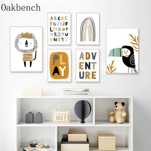 Nursery Art Painting Digital Canvas Prints Nordic Poster Cartoon Rainbow Print Crow Lion Wall Pictures For Kids Bedroom Decor