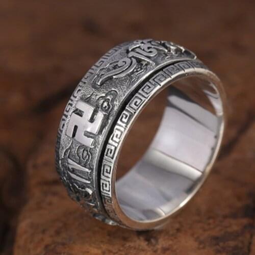 Real 925 Silver Tibetan Spinning Ring Sterling Tibetan OM Mantra Turning Ring Buddhist Words Ring Tibetan Good Luck Ring