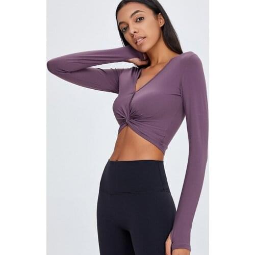 New Sexy Navel Bare Kink Yoga Clothes Women Gym Clothing Long Sleeve V Neck Sport T-shirts Skinny Slim Workout Fitness Tops Tees
