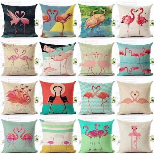 New Arrival Cartoon Style Color Arrangement Flamingos Print Fundas Cotton Linen Home Decor Cushion Cover Soft Pillow Cojines