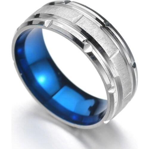 8mm Wide Stainless Steel Brushed Ring Men Blue High Polished Wedding Band Engagement Rings Women Fashion Male Jewelry Gift