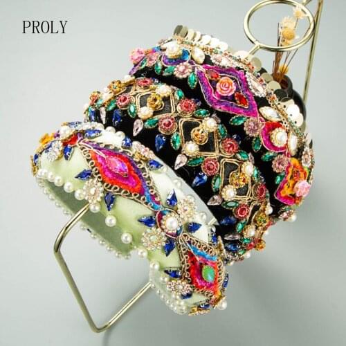 PROLY New Luxurious Baroque Headband Wide Side Rhinestone Crystal Flower Hairband Women Thickened Sponge Hair Accessories Party