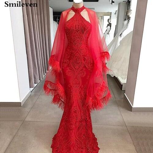 Smileven Red Lace Mermaid Luxury 3D Lace Evening Gown High Neck Prom Dress vestido de festa Formal party dress