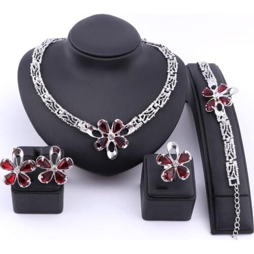 Christmas Red/Green Blue Zircon Women Bridal Jewelry Set Silver Plated Earring Stud/Necklace/Bracelet Ring Wedding Jewelry Sets