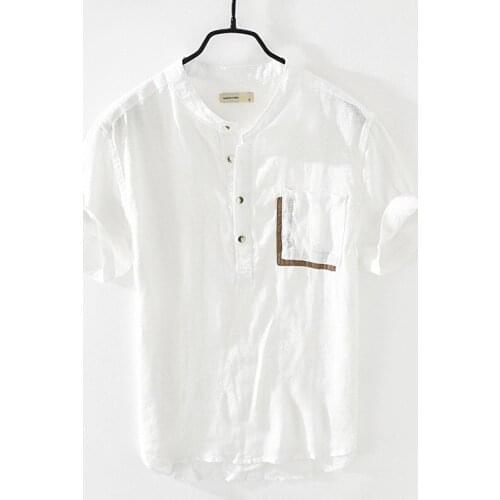 Pure Linen Short Sleeve Shirt for Men Summer New Japanese Fashion Tops Male Solid White Vintage Slim Fit Pullover Hemp Shirt