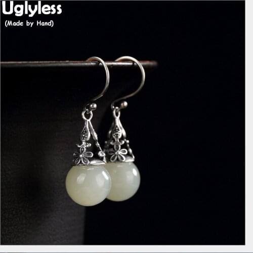 Uglyless 100% Real 925 Sterling Silver Handmade Geometric Cone Earrings for Women Thai Silver Flower Earrings Jade Ball Brincos