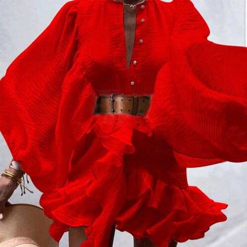 Sexy Ruffle Hem Mini Dress Red Black Lantern Long Sleeve Belted Night Party Dress 2021 Summer Club Frocks Vestidos de fieta
