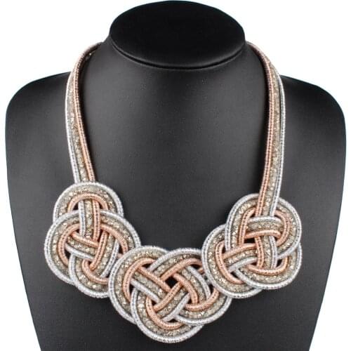 Claire Jin Three-flower Crystal Rope Bohemian Necklace for Women Handmade Braided Ethnic Jewelry Choker Fashion Accessories