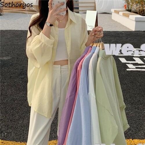 Chiffon Long Sleeve Shirts Women Solid Elegant Sun Protection Breathable Translucent Oversize Stylish Sexy Fashion Loose Outwear