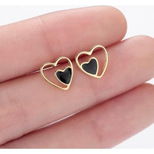 Chandler Double Love Earring For Women Black Enamel Temperament Classic Heart Love Studs Gold Color Stainless Steel Bronics