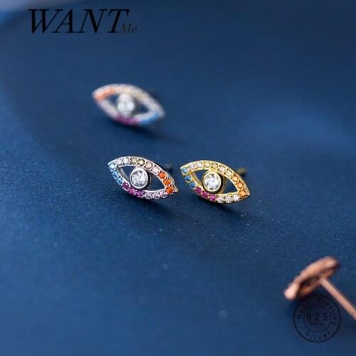 WANTME Real 925 Sterling Silver Korean Colorful Zircon Devils Eye Stud Earrings for Women Bohemian Chic Charming Party Jewelry