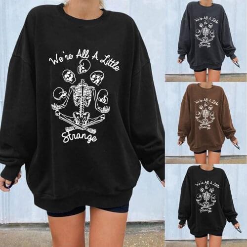 Women Long Sleeve Halloween Pullover T-shirt Round Neck Blouse Top Lovely Skeleton Printing Daily All-match Lovely Girl T-shirt