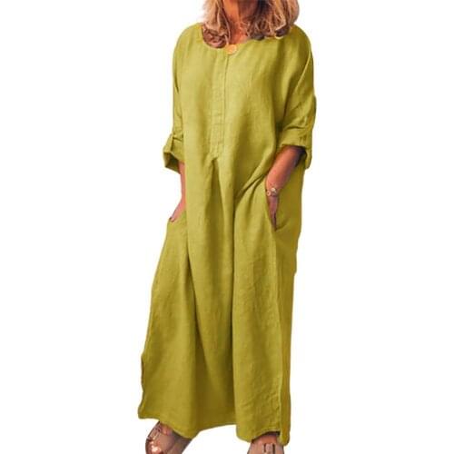 Women Vintage Solid Color Long Sleeve O Neck Pockets Maxi Dress Tunic Kaftan