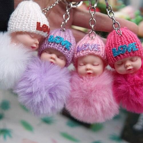 10 Pcs Cute Sleeping Baby Bowtie Fluffy Pompom Fur Plush Doll Keyring Key Ring Women Girls Bag Pendant Jewelry