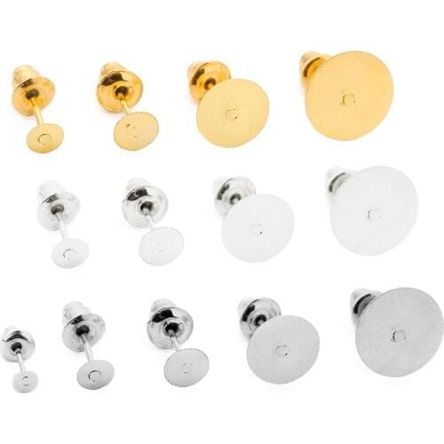 100pcs 4/5/6/8/10mm Iron Blank Earring Base With Earring Back Gold Silver Color Cabochon Cameo Settings For DIY Jewelry Making