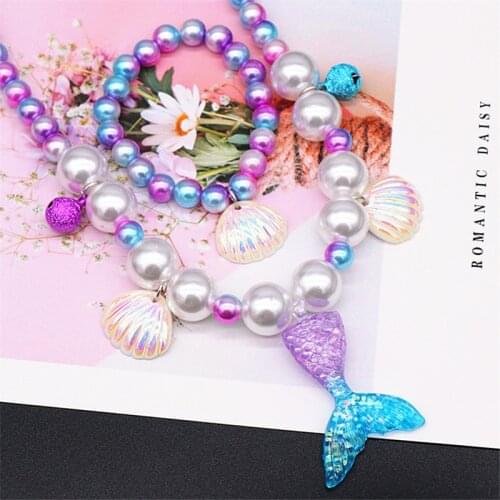 5Pcs Girl Sequined Mermaid Pearl Shell Pendant Necklace Bracelet Ear Clip Ring Set Girl Mermaid Accessories Childrens Gifts