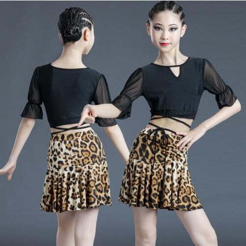 Children Latin Dance Dress Practice Clothes New Spring Summer Leopard Print Skirt Suit Latin Competition Performance Costumes