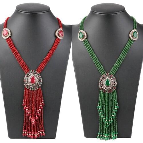 Ethnic Bohemian Necklace Green Red Beads Long Tassel Pendant Necklaces Boho Choker Women Bridal Gypsy African Indian Collar Bibs