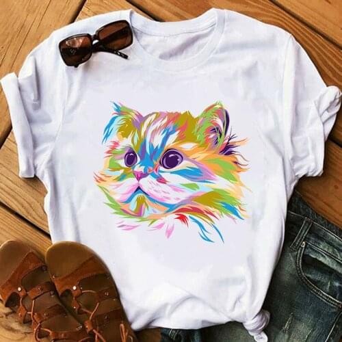 Colorful Cat tshirt Women t shirt Casual tee Summer Short sleeve Round neck Cheap Clothes China Top Mode Femme