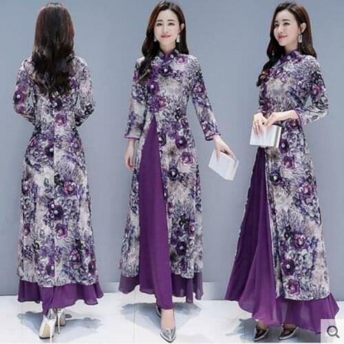 Chinese Womens Ethnic Robe Long Dress Slim Fit Floral Purple Retro Maxi Dress sz
