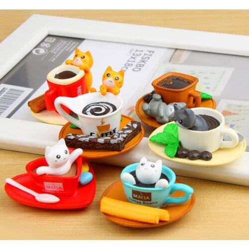 6Pcs/Set Coffee Cup Toast Cats Animal Model Figurines Crafts Miniature Fairy Garden Decor Tabletop Ornaments Birthday Gift