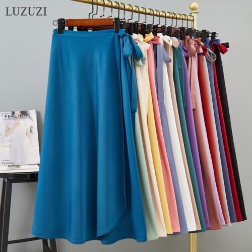 LUZUZI Summer Autumn Vintage One Piece Long Skirts Women A-Line Solid High Waist Lace Up Chiffon Midi Skirts Female 2021