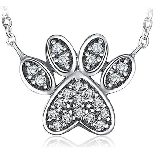 Cute Cat Paw Dog Claw Pendants White Zircon Necklaces For Women Wedding Jewelry Vintage Silver Color Animal Footprint Necklace