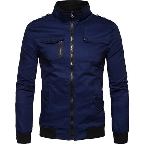 Mens Jacket Long Sleeve Solid Color Stand Collar Cardigan Jacket Coat with Multi-pockets Casual Slim