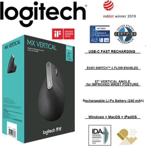 Logitech MX VERTICAL Advanced Ergonomic Bluetooth Wireless Mouse with 4000DPI USB-C FAST RECHARGING Unifying USB Receiver