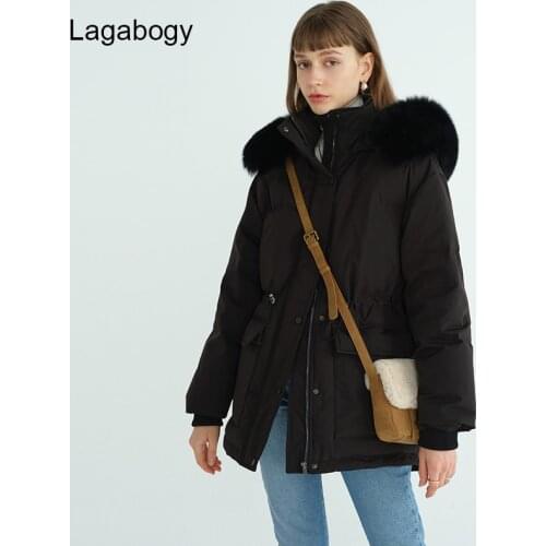 Lagabogy 2021 New Winter Coat Women Thick Warm Hooded Loose Parkas 90% White Duck Down Jacket Real Fox Fur Collar Snow Outwear