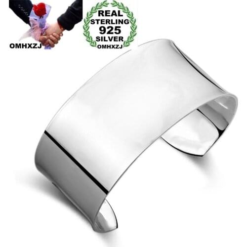 OMHXZJ Wholesale Personality Fashion OL Woman Girl Gift Silver Simple Blank Wide 925 Sterling Silver Cuff Bangle Bracelet BR142
