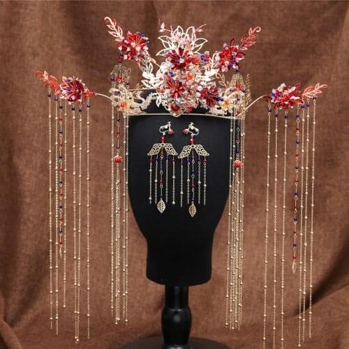 Chinese bride wedding tiara show dress atmospheric antique red phoenix crown chardonnay set ancient style wedding accessories