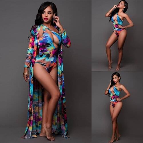 Sexy One Piece Swimsuit Cover-up 2pcs Set Plus Size Women Swimwear Bandage Print One-piece Swimming Suit Brazilian Monokini