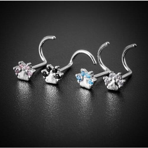 1PC 20G Animal Paw Nose Rings Studs Surgical Steel Screw Nose Nostril Piercings CZ Inlaid Piercing Jewelry for Women Men Girl