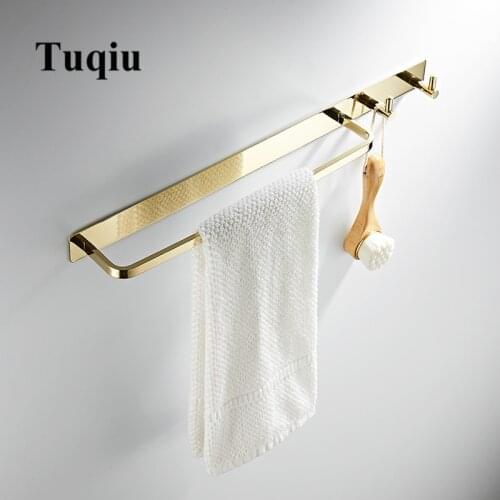 Tuqiu Towel Hanger with Hooks Wall Mounted Towel Holder Gold Towel Rack Bathroom Towel Bar Rail Total Brass Towel Ring