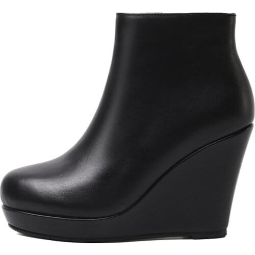 Womens Platform Ankle Boots Wedge High 12CM Heel Genuine Leather Shoes Warm Winter Side Zip Black New 2022