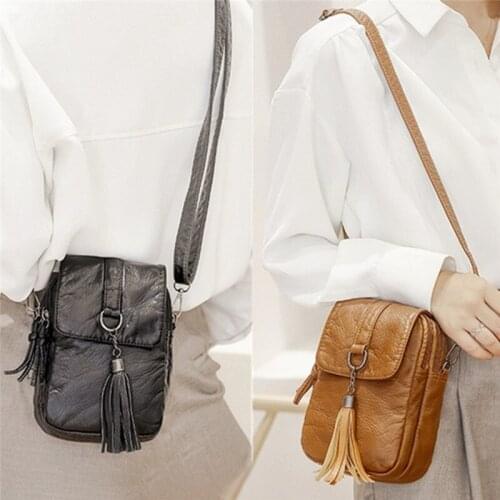 Multi-Functional Soft PU Leather Small Shoulder Bag Small Vintage Crossbody Bag Tassels Decor Cash Purse Cellphone Bag Bolsos