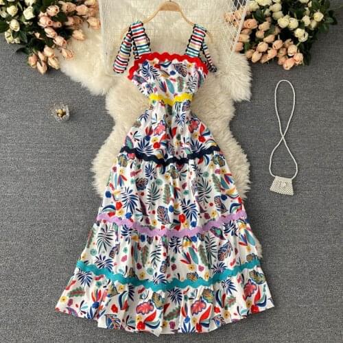 Women Dress 2021 Summer Rainbow Stripe Sundress Spaghetti Straps Colorful Bohemian Floral Print Midi Long Vestidos Female