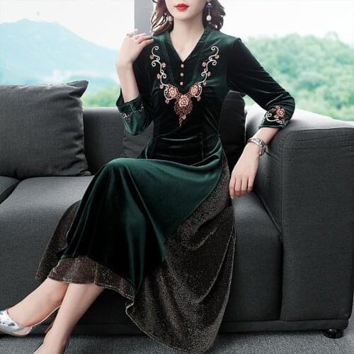 2019 Fall Spring Chinese Womens Green Black Patchwork Embroidery Velour Cheongsam Long Dress , Women Slim 3xl Velvet Dresses