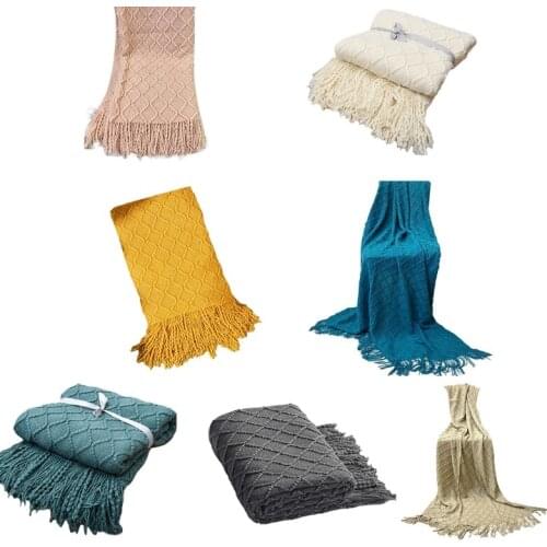 Acrylic Knitted Sofa Throw Blanket with Tassel Rhombus Textured Shawl Bed Cover