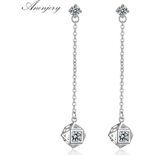 ANENJERY 925 Sterling Silver Simple Shiny Zircon Cube Long Tassel Chain Earrings For Women oorbellen S-E763