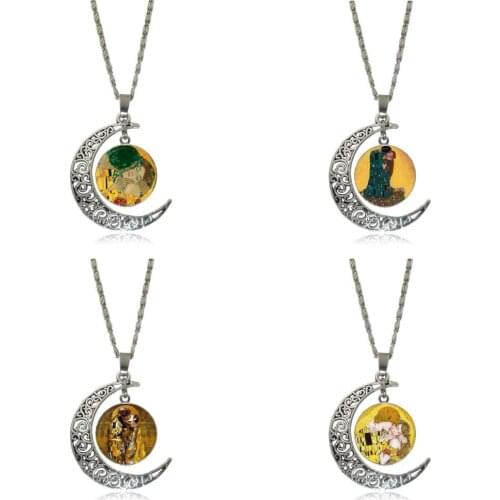 EJ Glaze Gustav Klimt The Kiss For Women Children Glass Cabochon Choker Moon Pendant Necklace Silver Color Jewelry