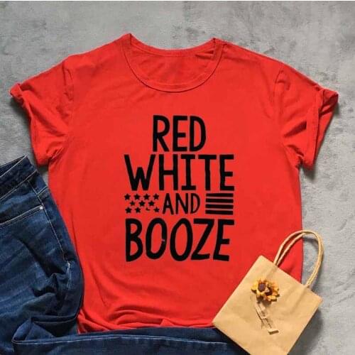 RED WHITE AND Booze Lover Graphic Funny Casual Women T-shirt 100% Cotton O Neck Fashion Streetwear Shirt Short Sleeve Top Tees