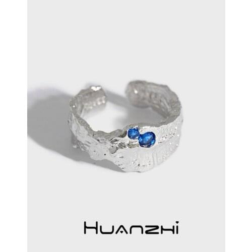 HUANZHI 2020 New Design Irregular Texture Blue Green Zircon Silver Colour Opening Metal Rings for Women Man Party Jewelry
